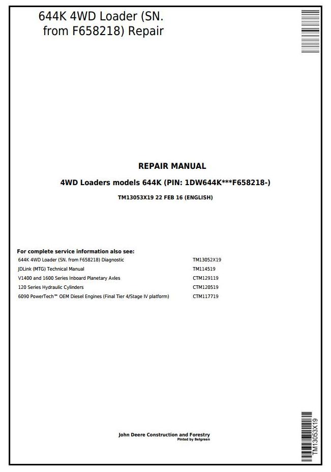 John Deere 644K 4WD Loader Repair Manual TM13053X19