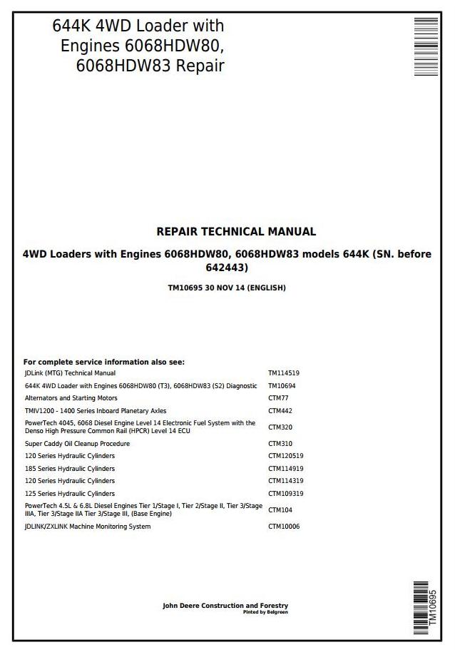 John Deere 644K 4WD Loader Repair Technical Manual TM10695