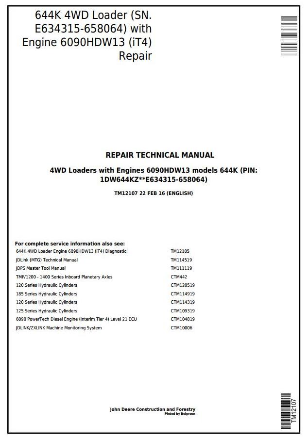 John Deere 644K 4WD Loader Repair Technical Manual TM12107