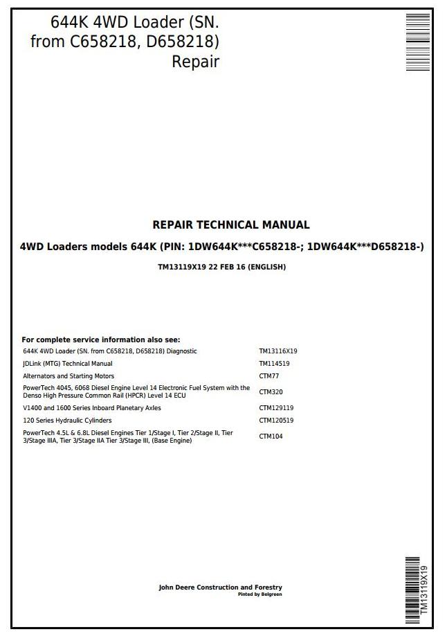 John Deere 644K 4WD Loader Repair Technical Manual TM13119X19