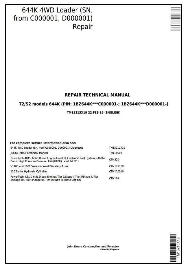 John Deere 644K 4WD Loader Repair Technical Manual TM13213X19
