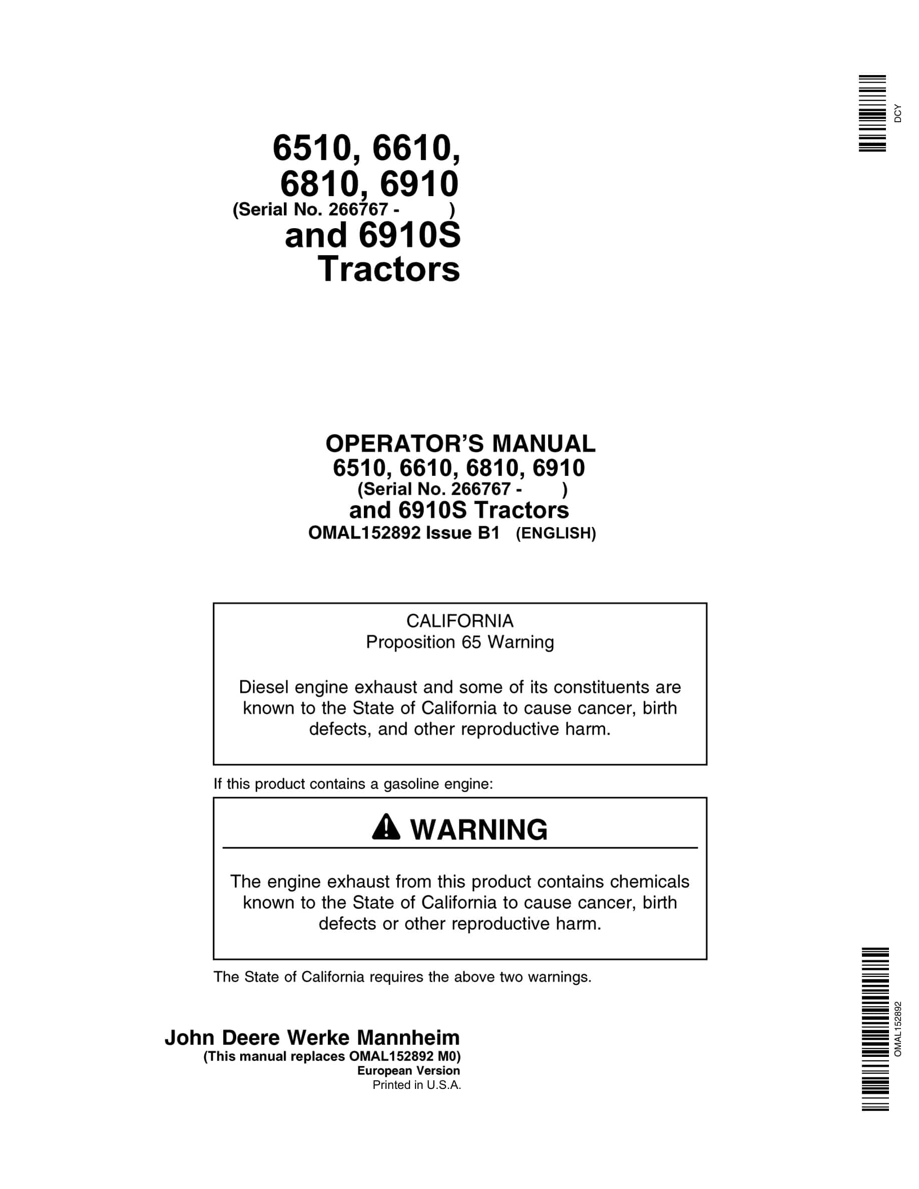 John Deere 6510 6610 6810 6810 6910s Tractors Operator Manuals OMAL152892-1