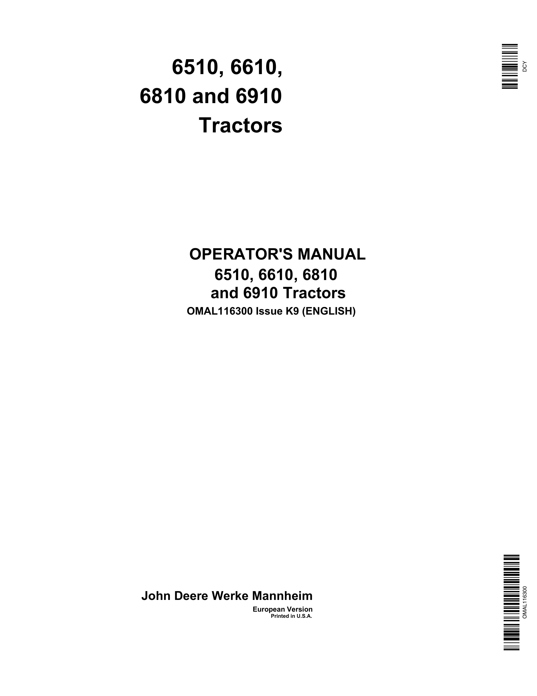 John Deere 6510, 6610, 6810 6910 Tractors Operator Manual OMAL116300-1