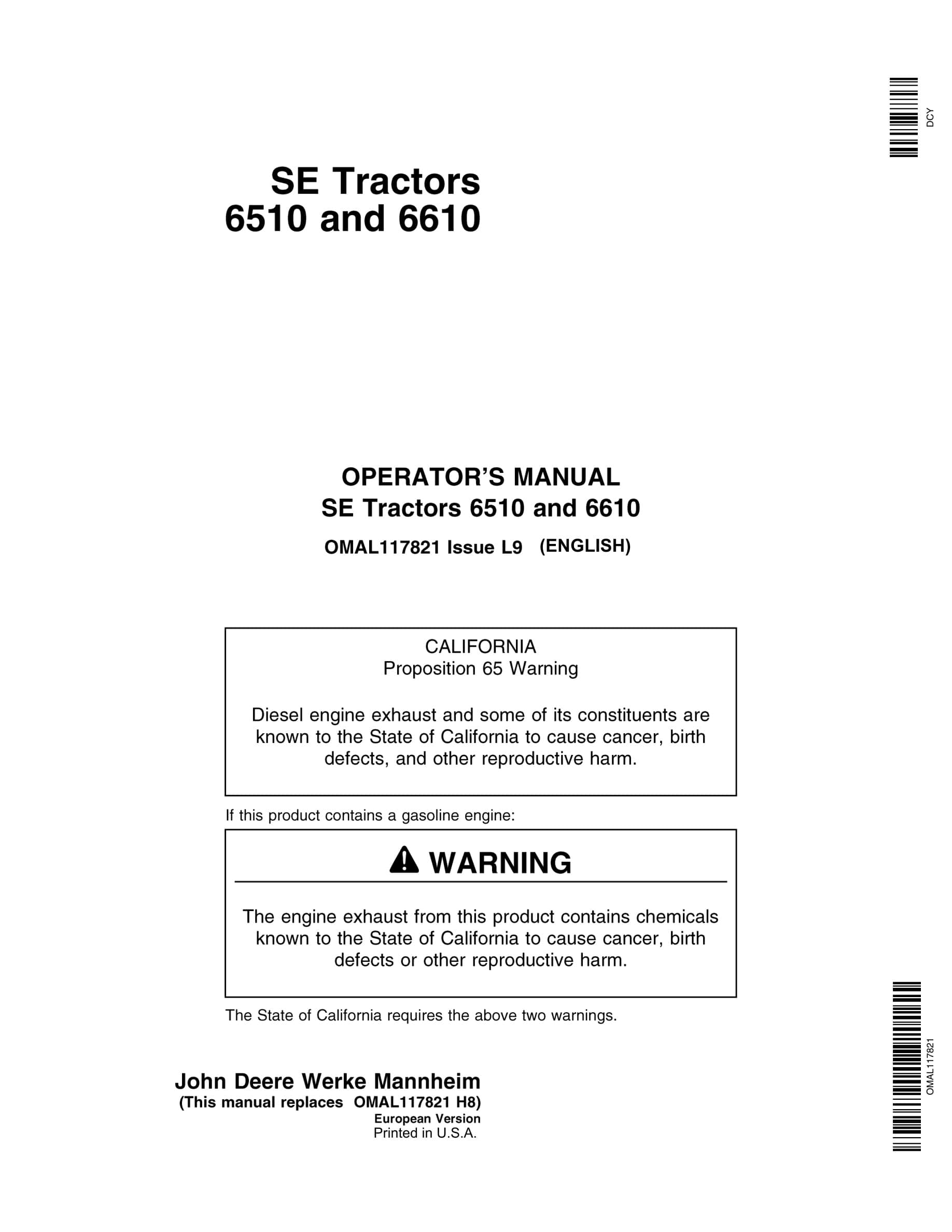 John Deere 6510 6610 Se Tractors Operator Manuals omal117821-1