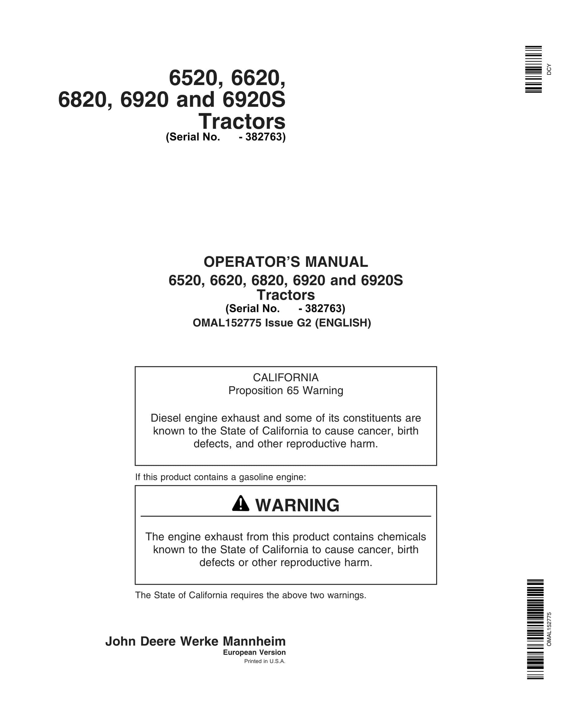 John Deere 6520, 6620, 6820, 6920 And 6920s Tractors Operator Manuals OMAL152775-1