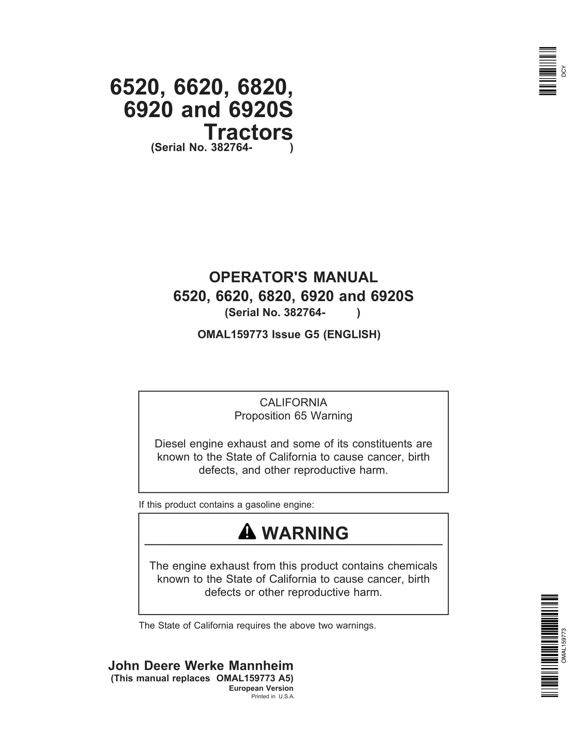 John Deere 6520, 6620, 6820, 6920 And 6920s Tractors Operator Manuals OMAL159773-1