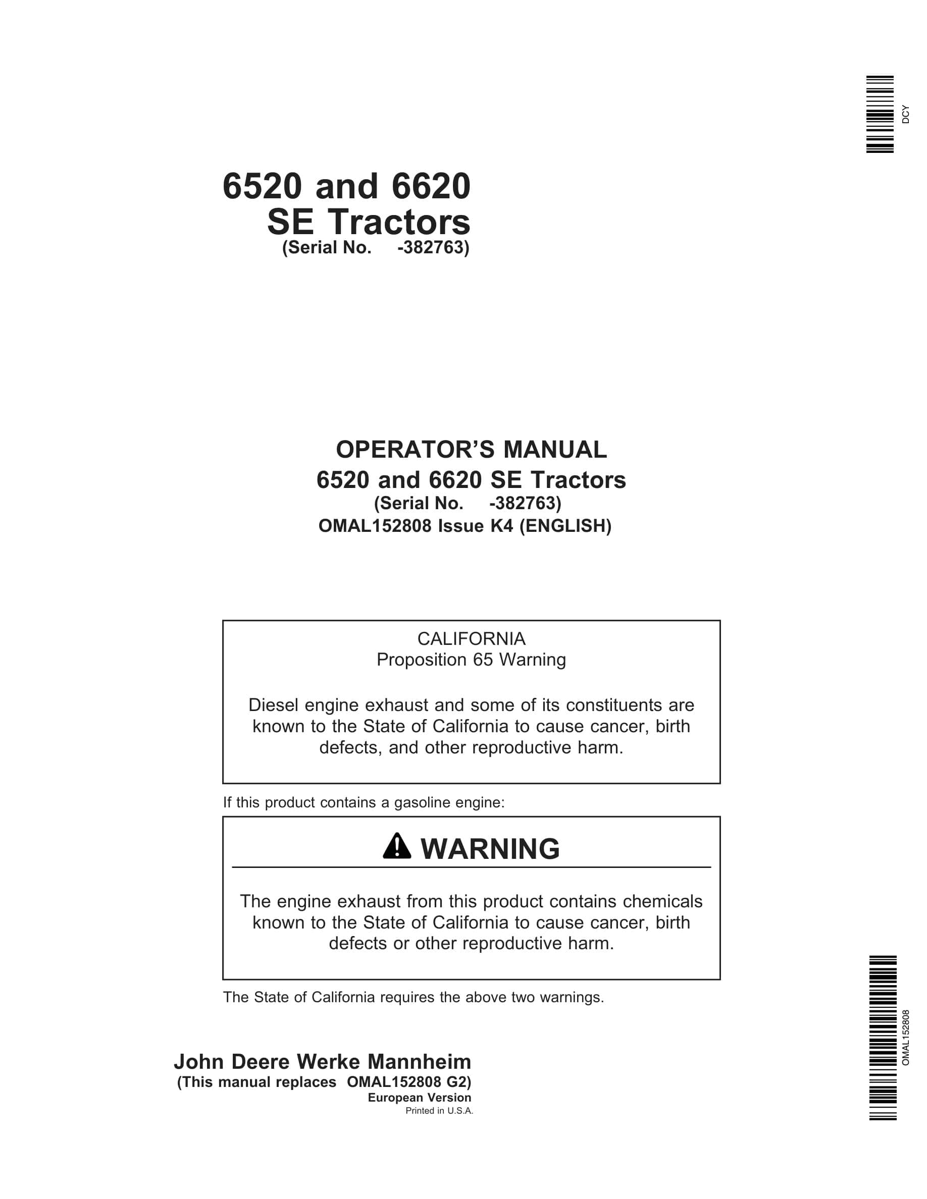John Deere 6520 And 6620 Se Tractors Operator Manuals OMAL152808-1