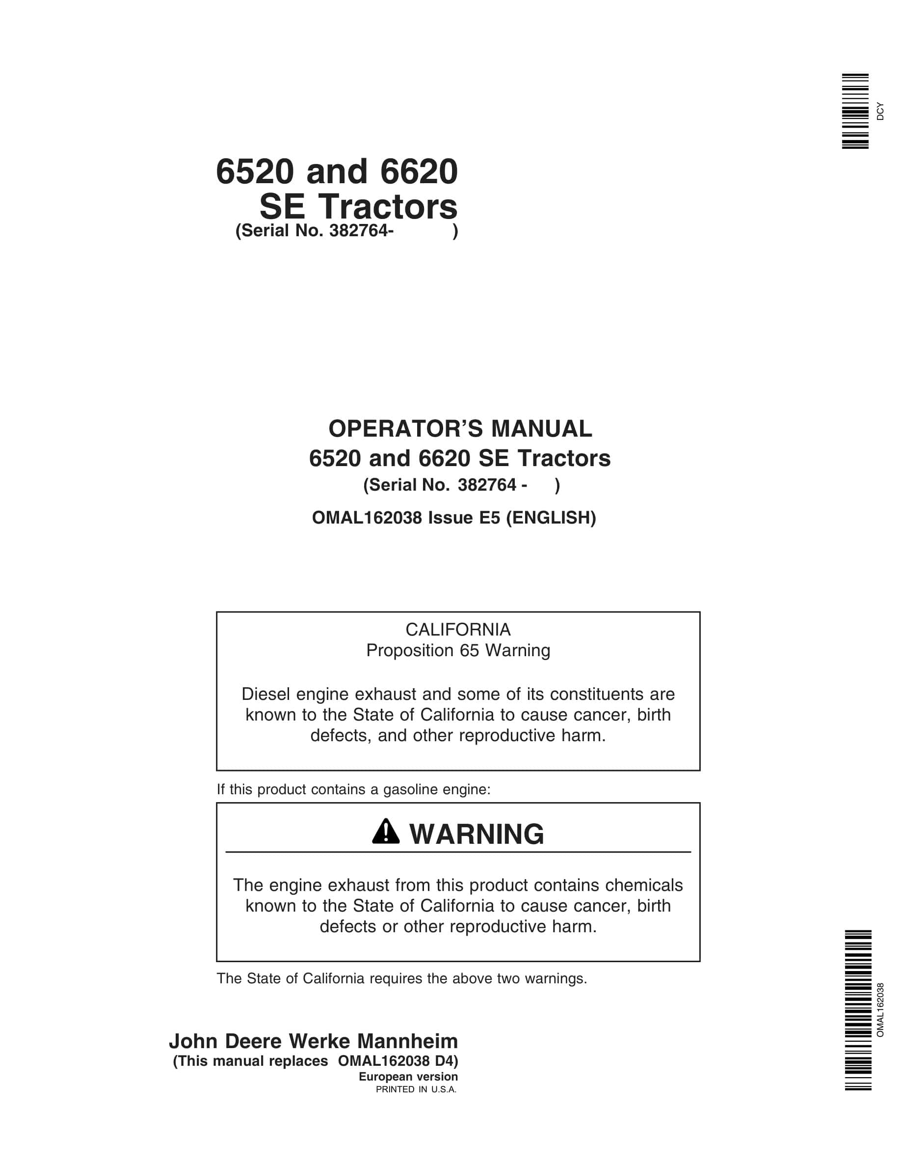 John Deere 6520 And 6620 Se Tractors Operator Manuals OMAL162038-1