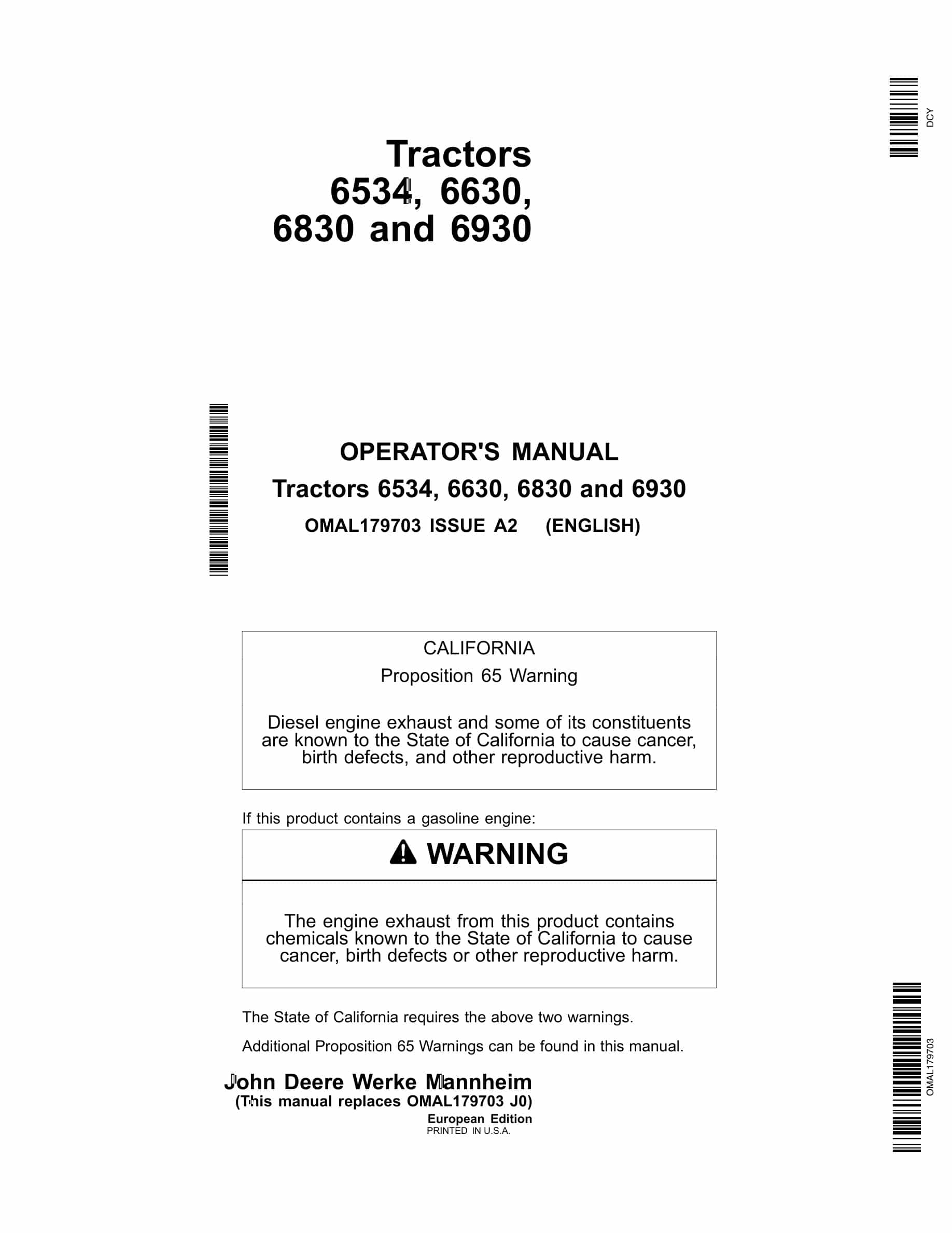 John Deere 6534, 6630, 6830 And 6930 Tractors Operator Manuals OMAL179703-1