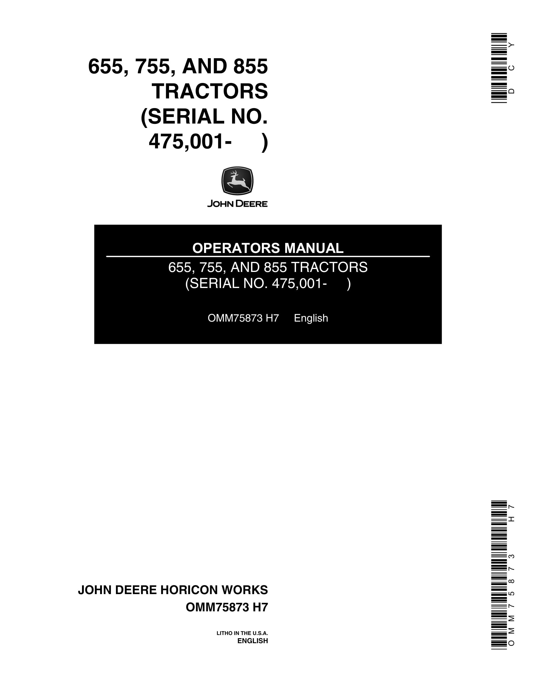 John Deere 655, 755, AND 855 Tractor Operator Manual OMM75873-1