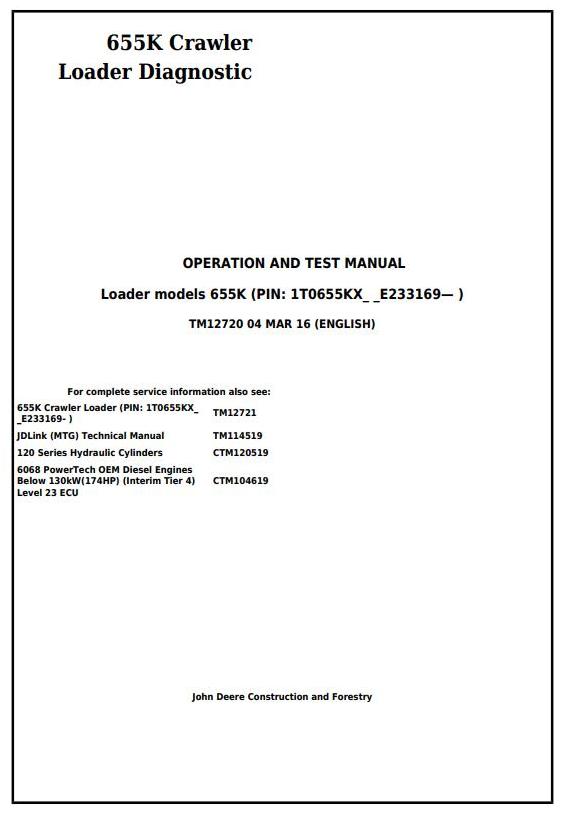 John Deere 655K Crawler Loader Diagnostic Operation Test Manual TM12720