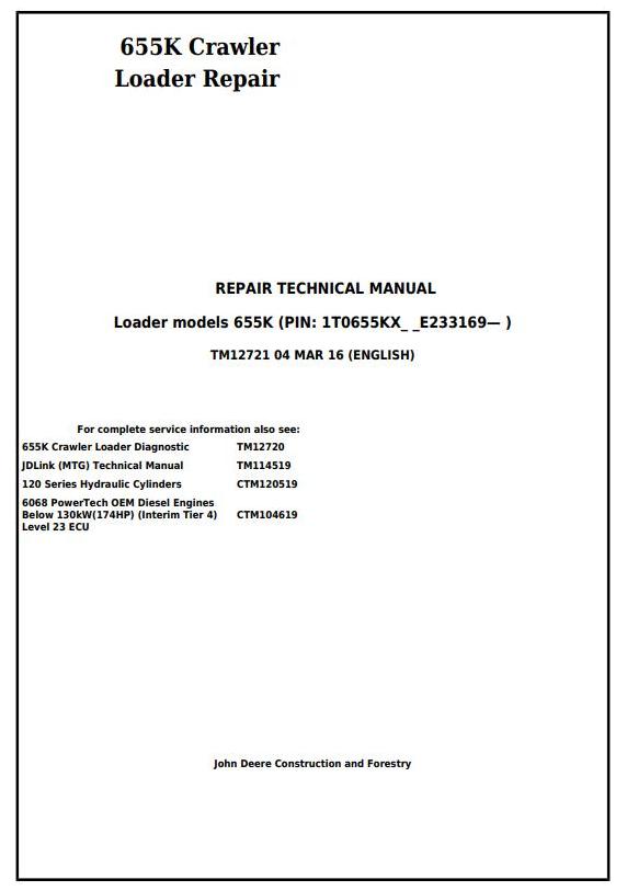 John Deere 655K Crawler Loader Repair Technical Manual TM12721