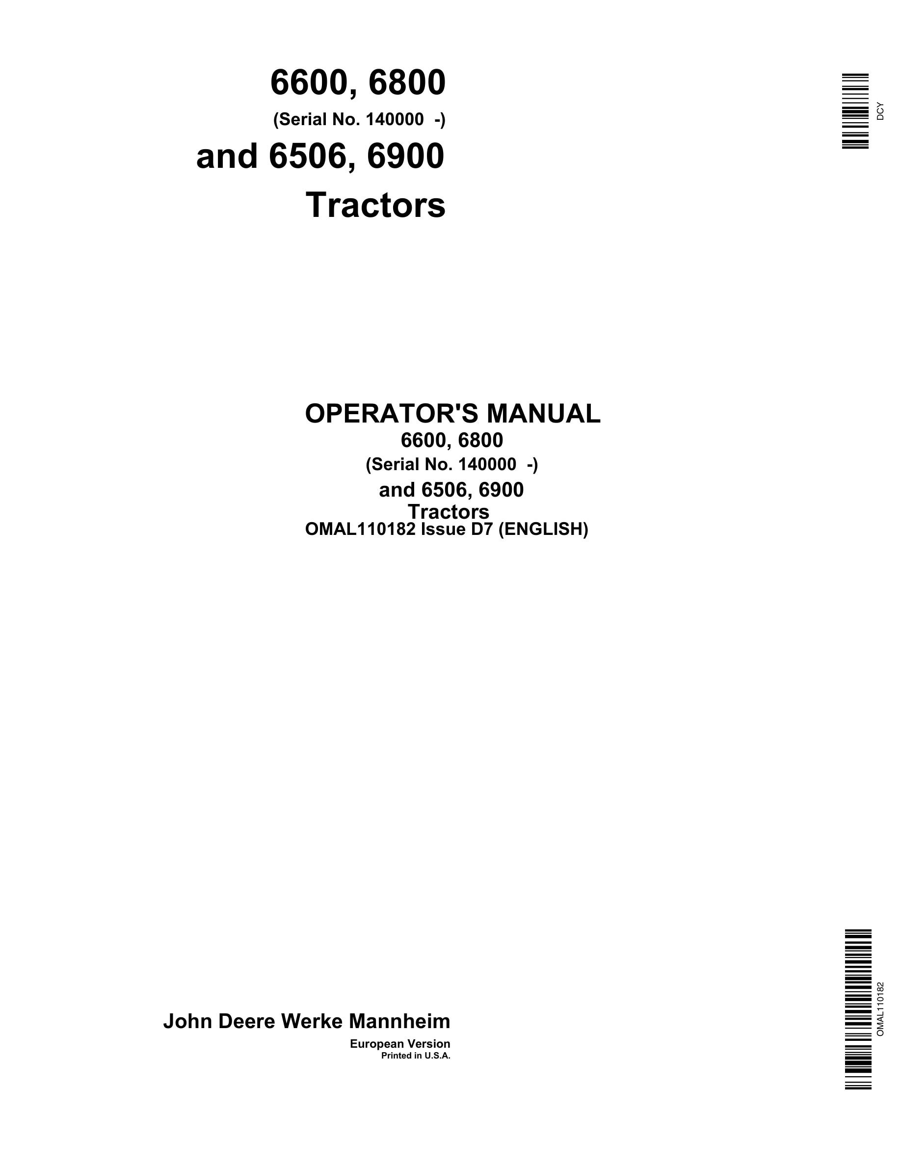 John Deere 6600 6800 6506 6900 Tractors Operator Manuals OMAL110182-1