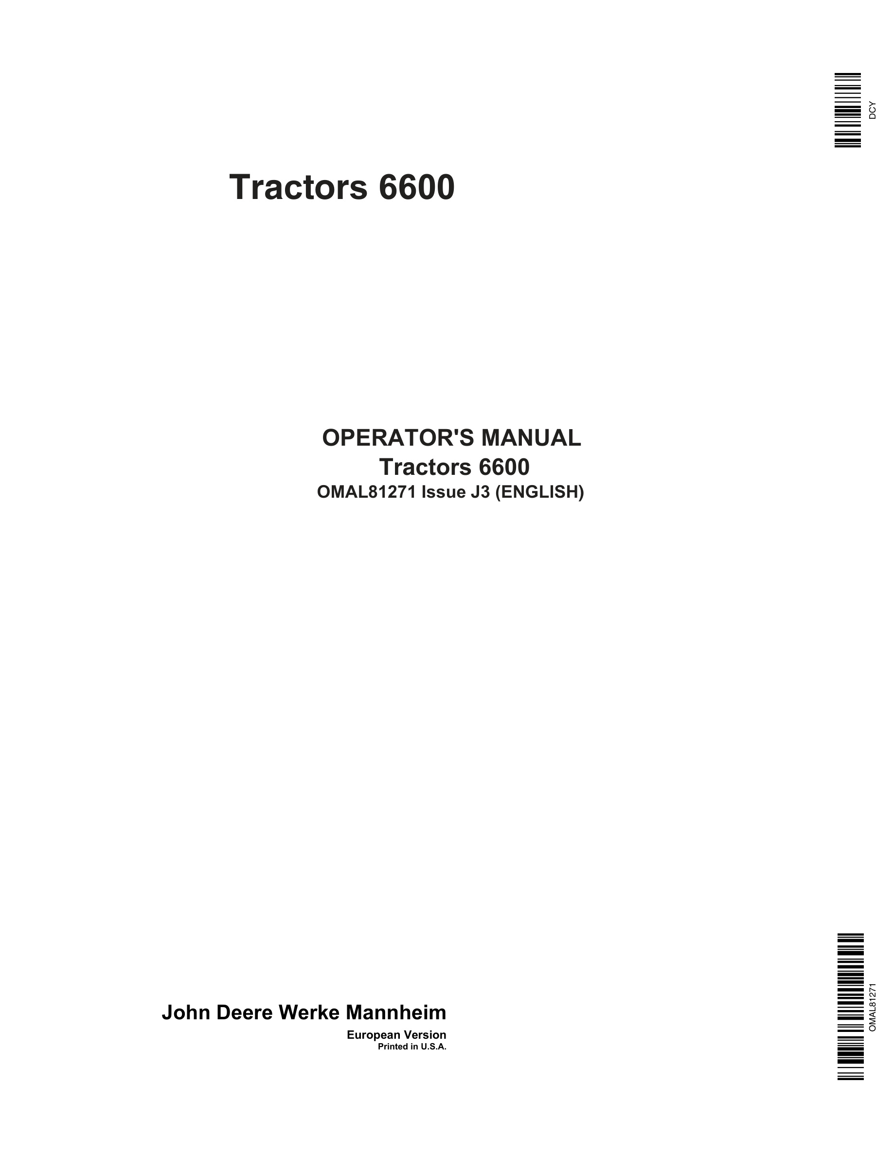 John Deere 6600 Tractors Operator Manuals OMAL81271-1