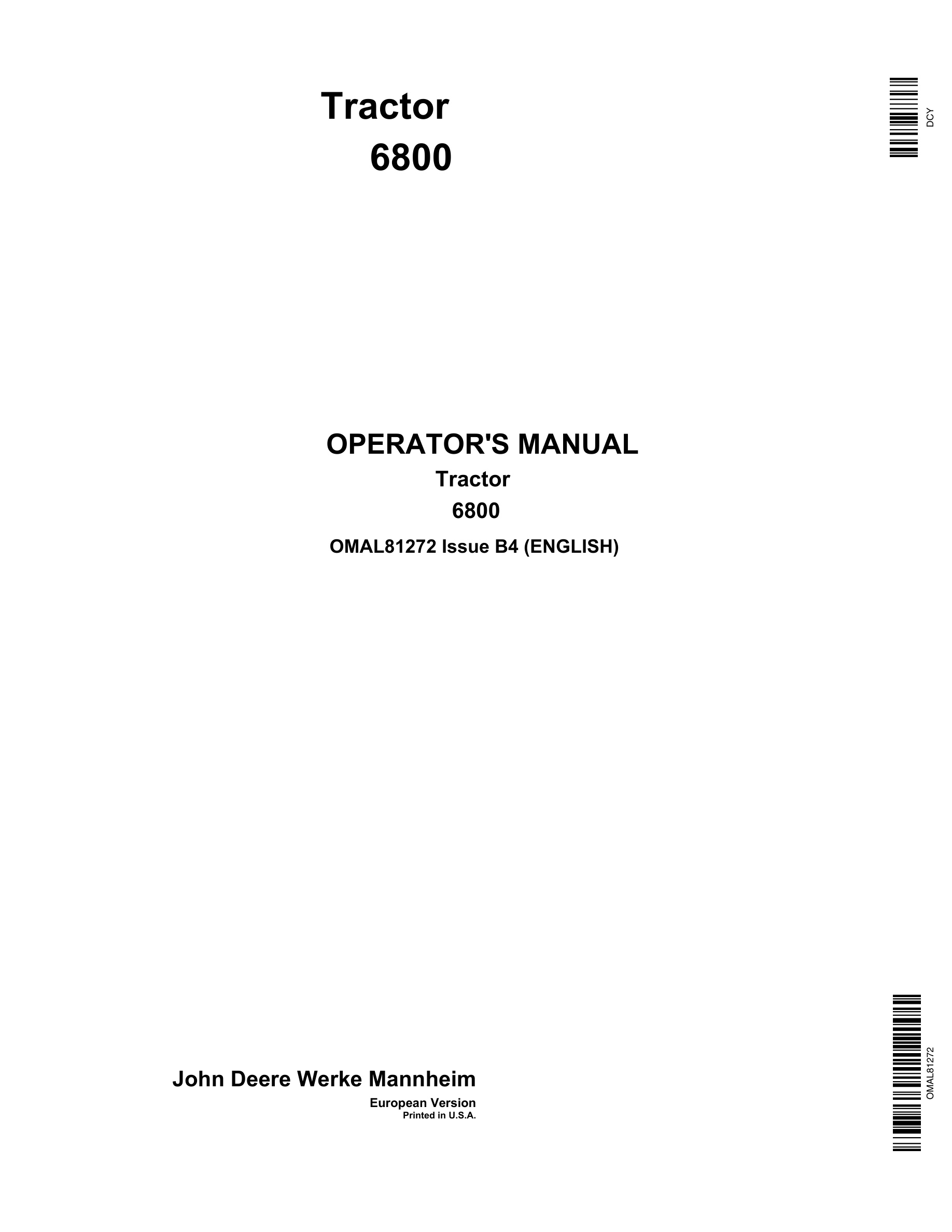 John Deere 6800 Tractors Operator Manual MAl81272-1