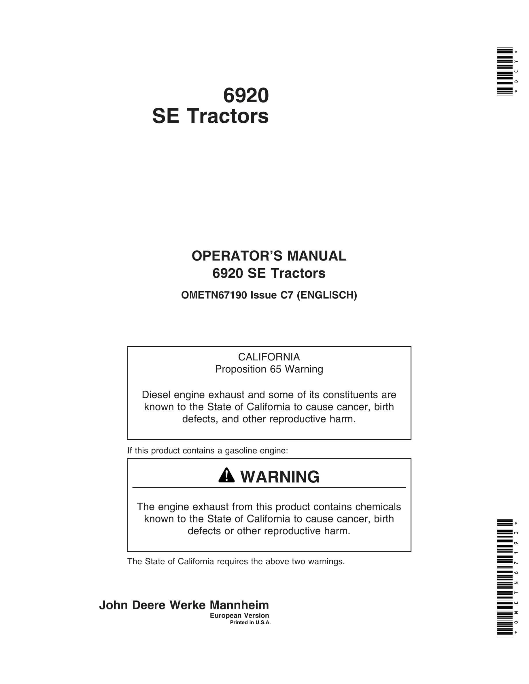 John Deere 6920 Se Tractors Operator Manuals OMETN67190-1