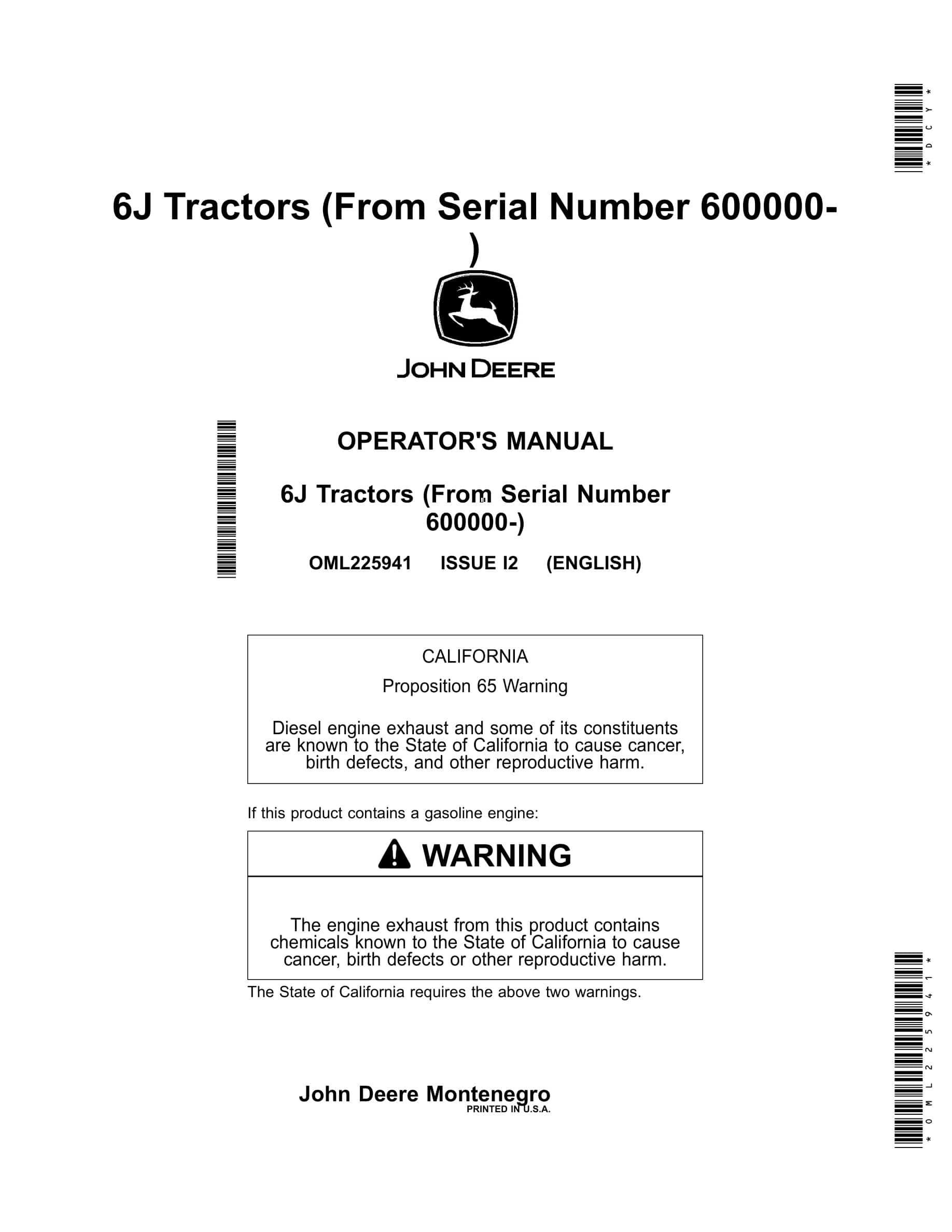 John Deere 6j Tractors Operator Manuals OML225941-1