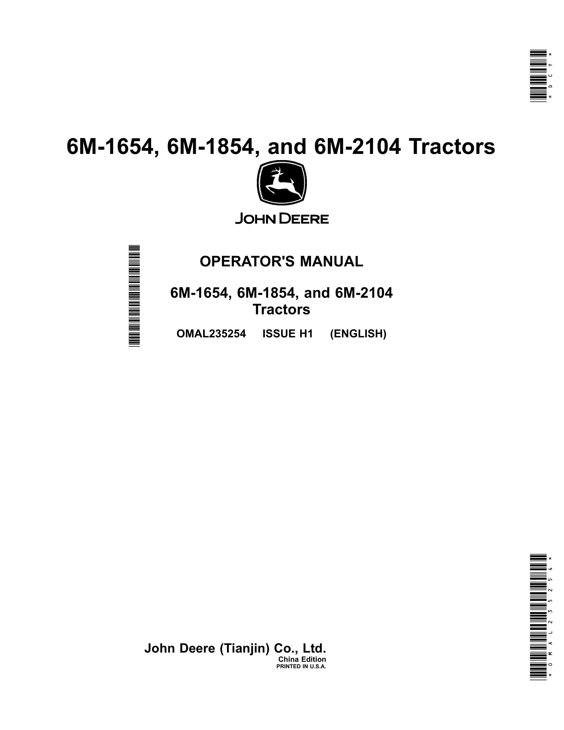 John Deere 6m-1654, 6m-1854, And 6m-2104 Tractors Operator Manuals OMAL235254-1