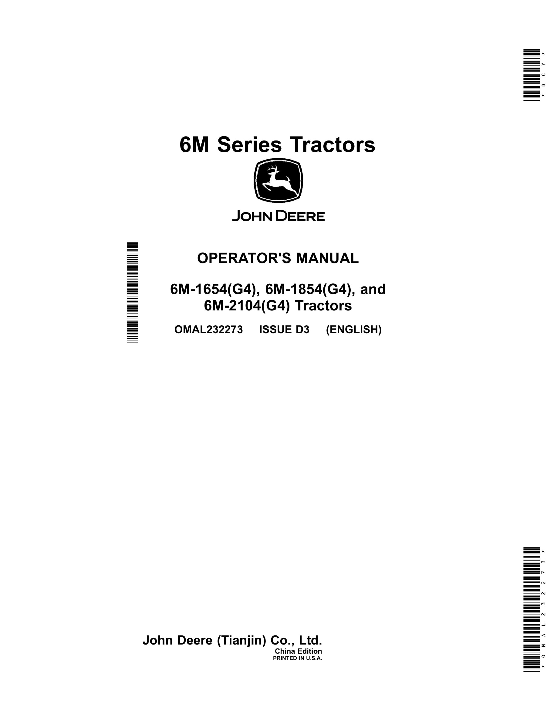 John Deere 6m-1654(g4), 6m-1854(g4), And 6m-2104(g4) Tractors Operator Manuals OMAL232273-1