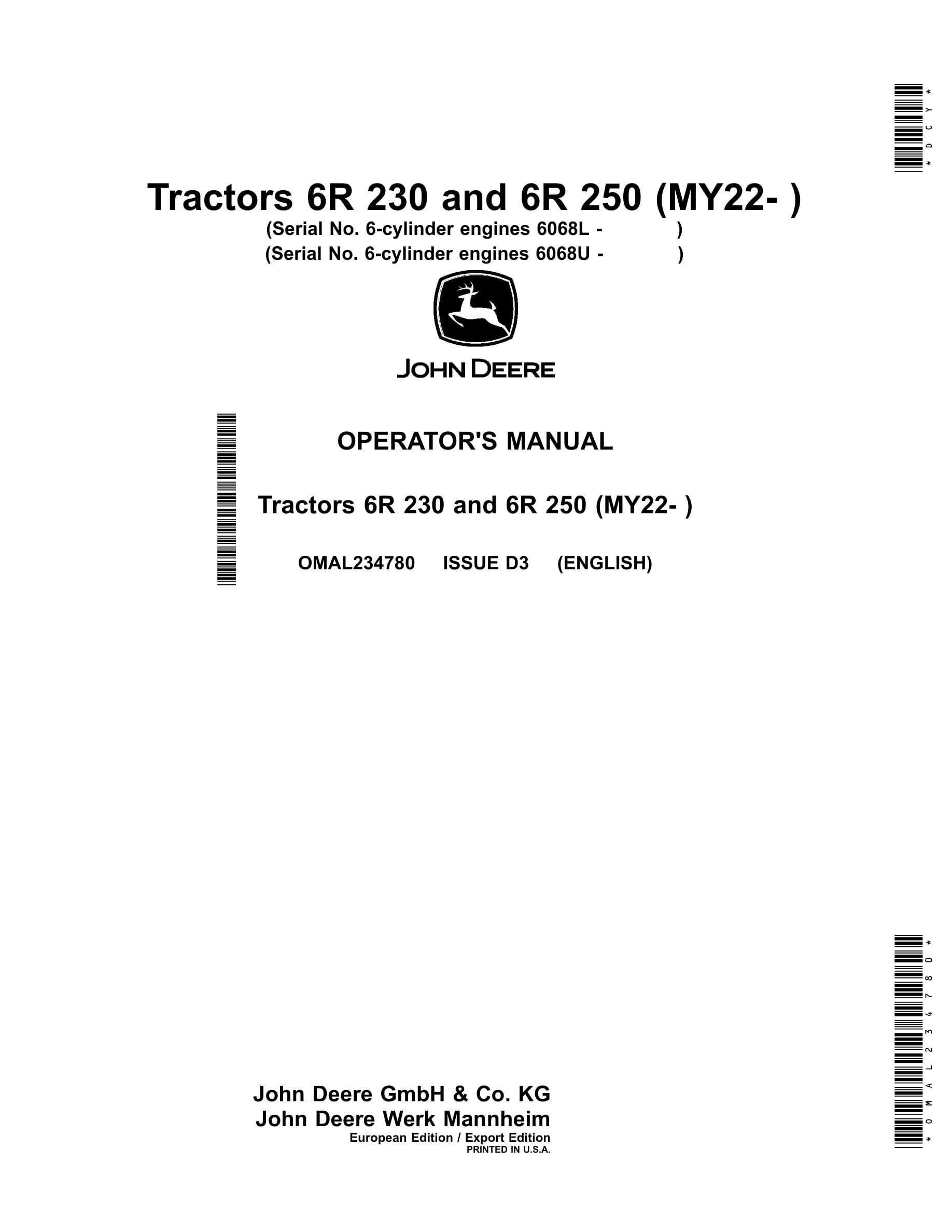 John Deere 6r 230 And 6r 250 (my22- ) Tractors Operator Manuals OMAL234780-1