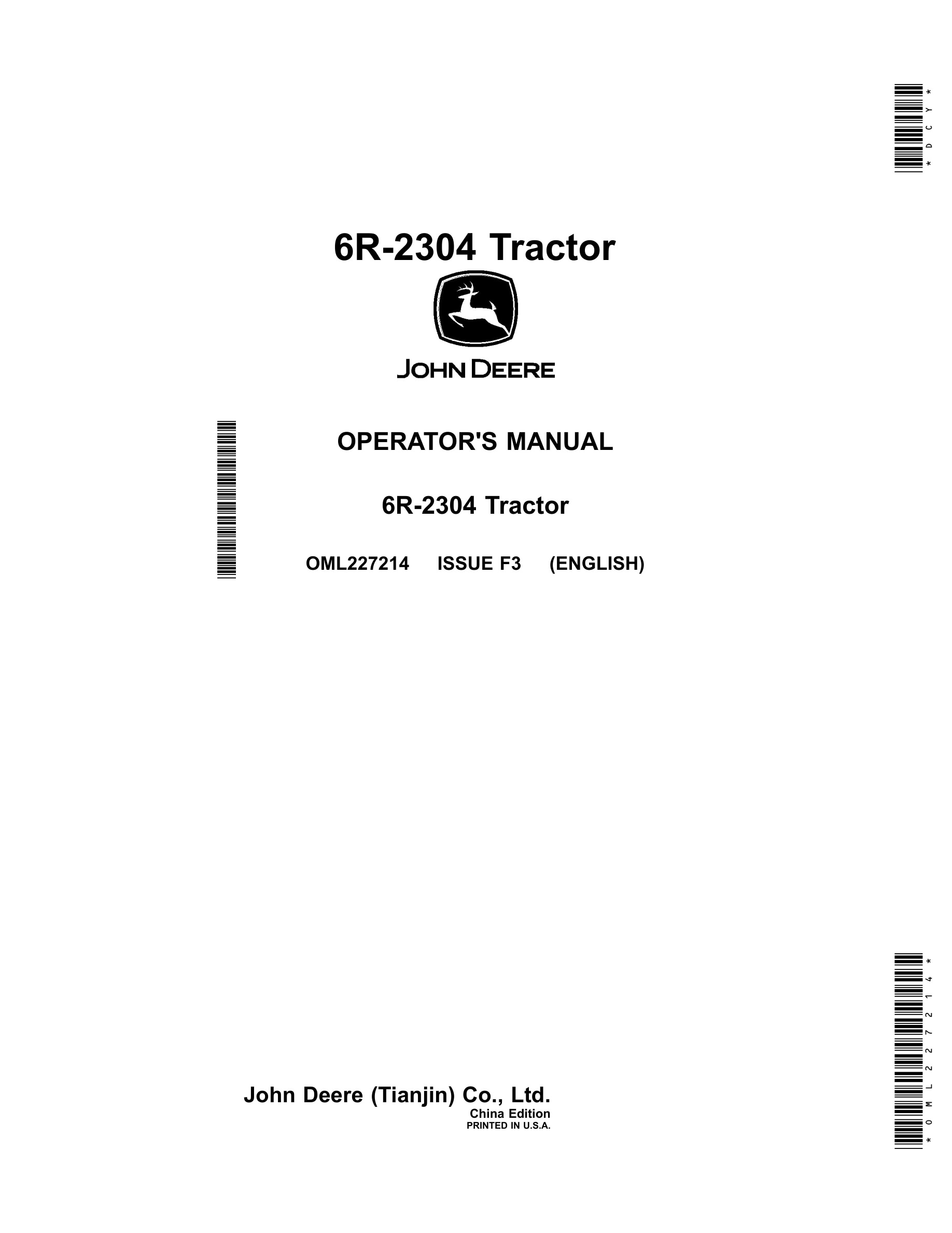 John Deere 6r-2304 Tractors Operator Manual OML227214-1