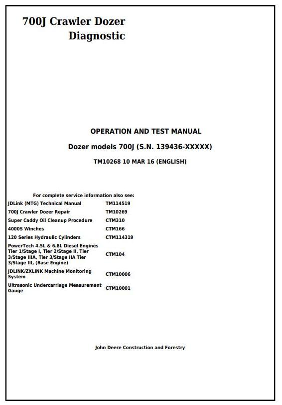 John Deere 700J Crawler Dozer Diagnostic Operation Test Manual TM10268