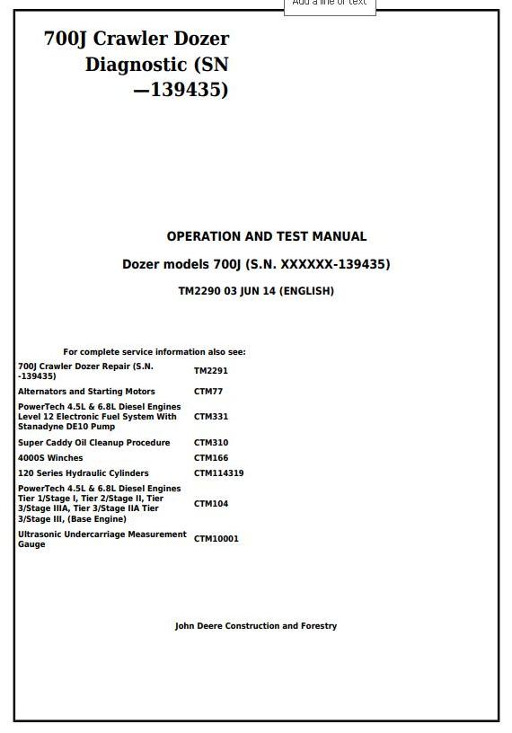 John Deere 700J Crawler Dozer Diagnostic Operation Test Manual TM2290