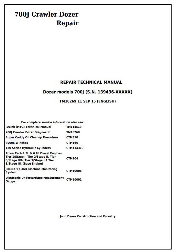 John Deere 700J Crawler Dozer Repair Technical Manual TM10269
