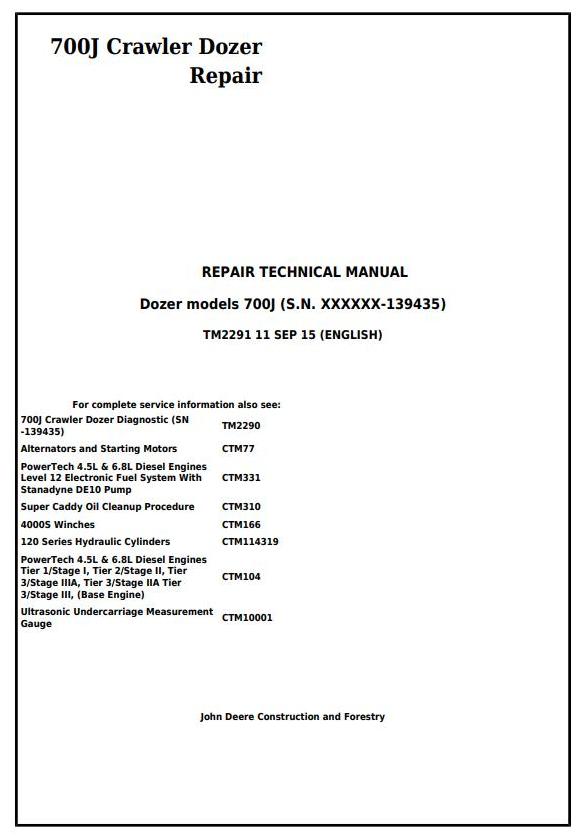John Deere 700J Crawler Dozer Repair Technical Manual TM2291