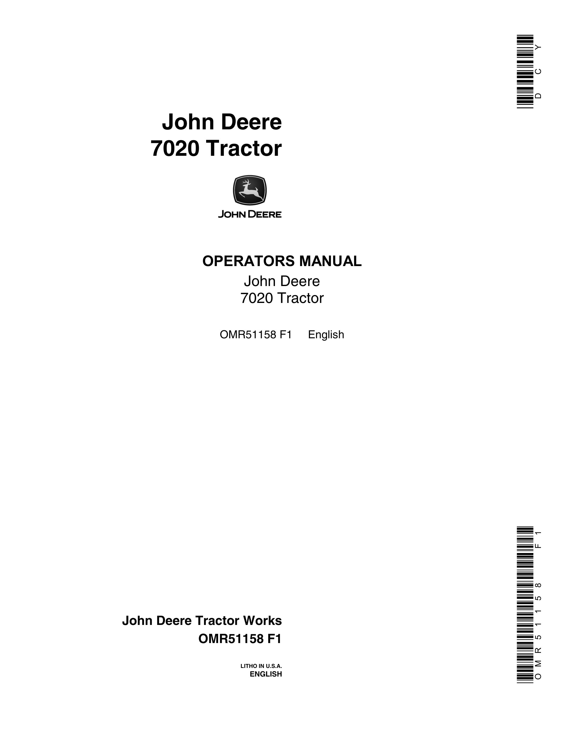 John Deere 7020 Tractor Operator Manual OMR51158-1