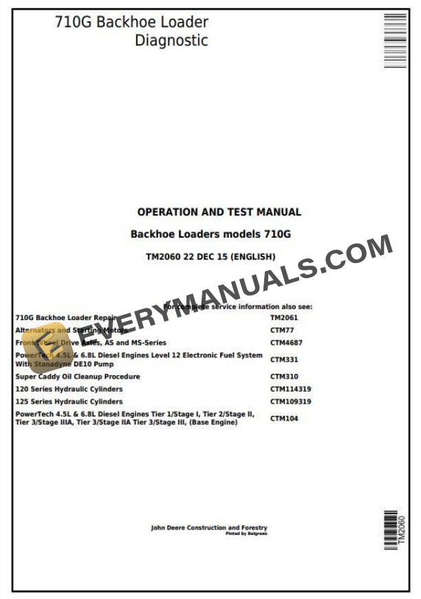 John Deere 710G Backhoe Loader Diagnostic Operation Test Manual TM2060