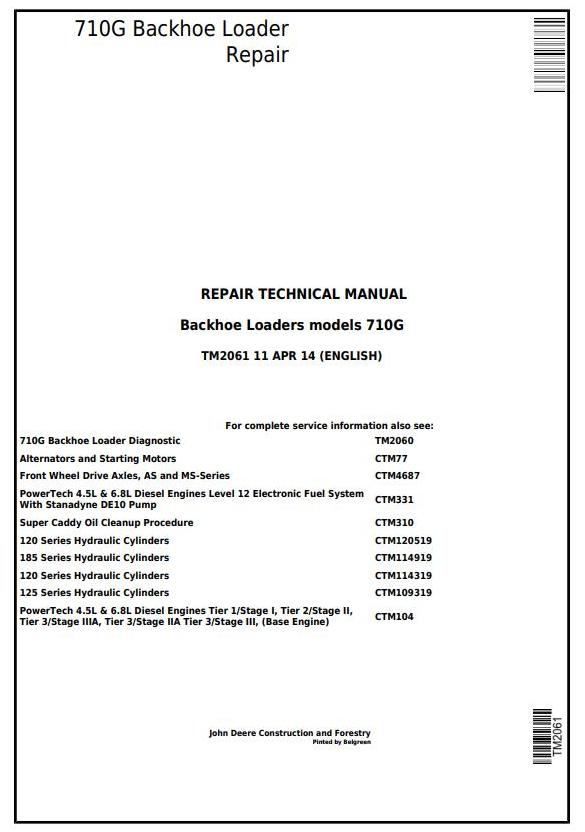 John Deere 710G Backhoe Loader Repair Technical Manual TM2061