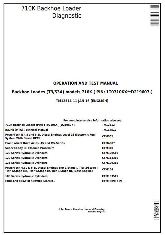 John Deere 710K Backhoe Loader Diagnostic Operation Test Manual TM12511