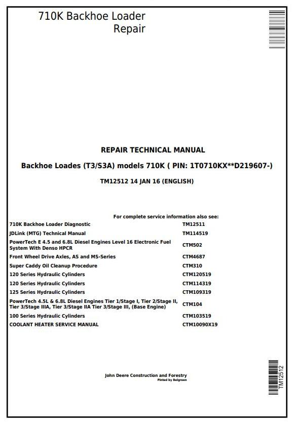 John Deere 710K Backhoe Loader Repair Technical Manual TM12512
