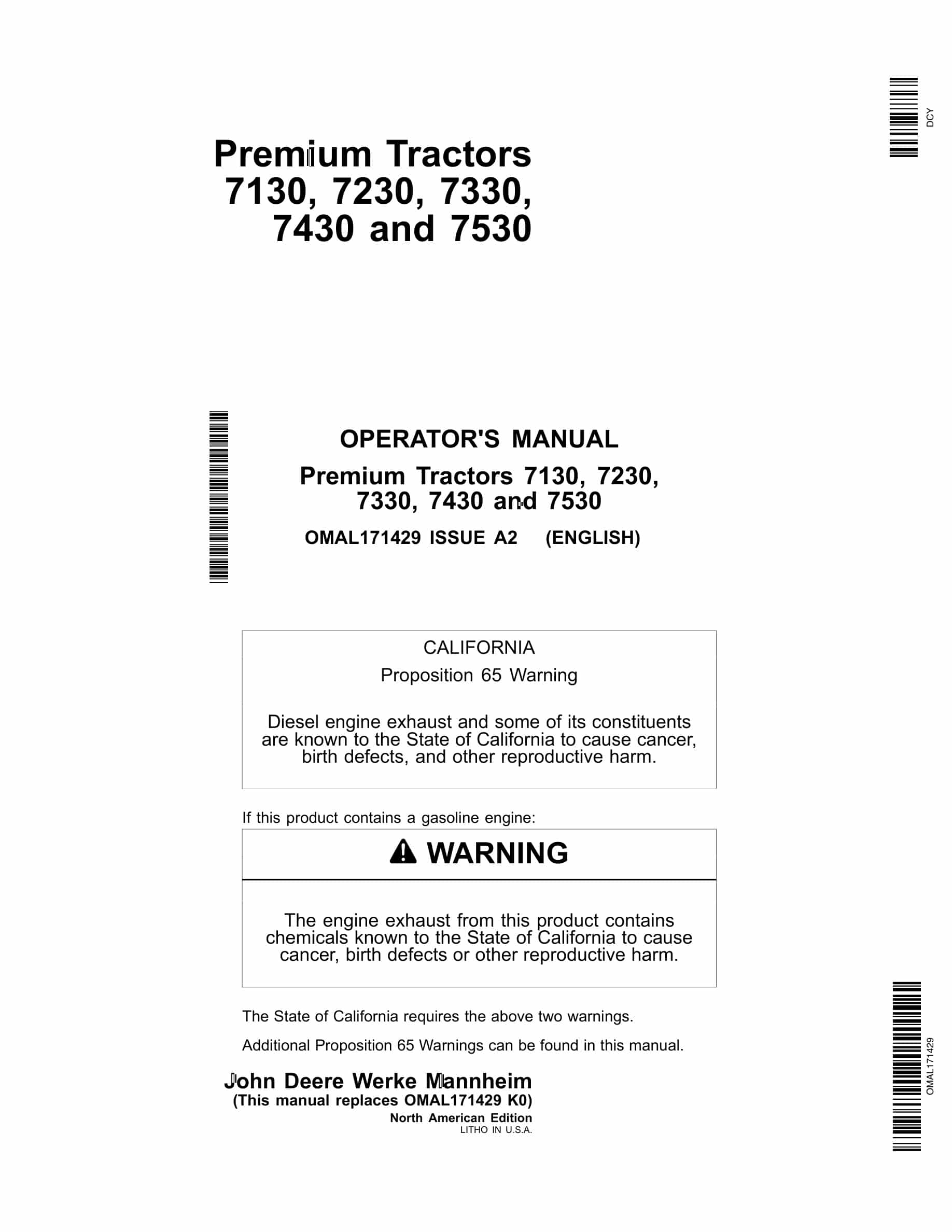 John Deere 7130, 7230, 7330, 7430 and 7530 Tractor Operator Manual OMAL171429-1