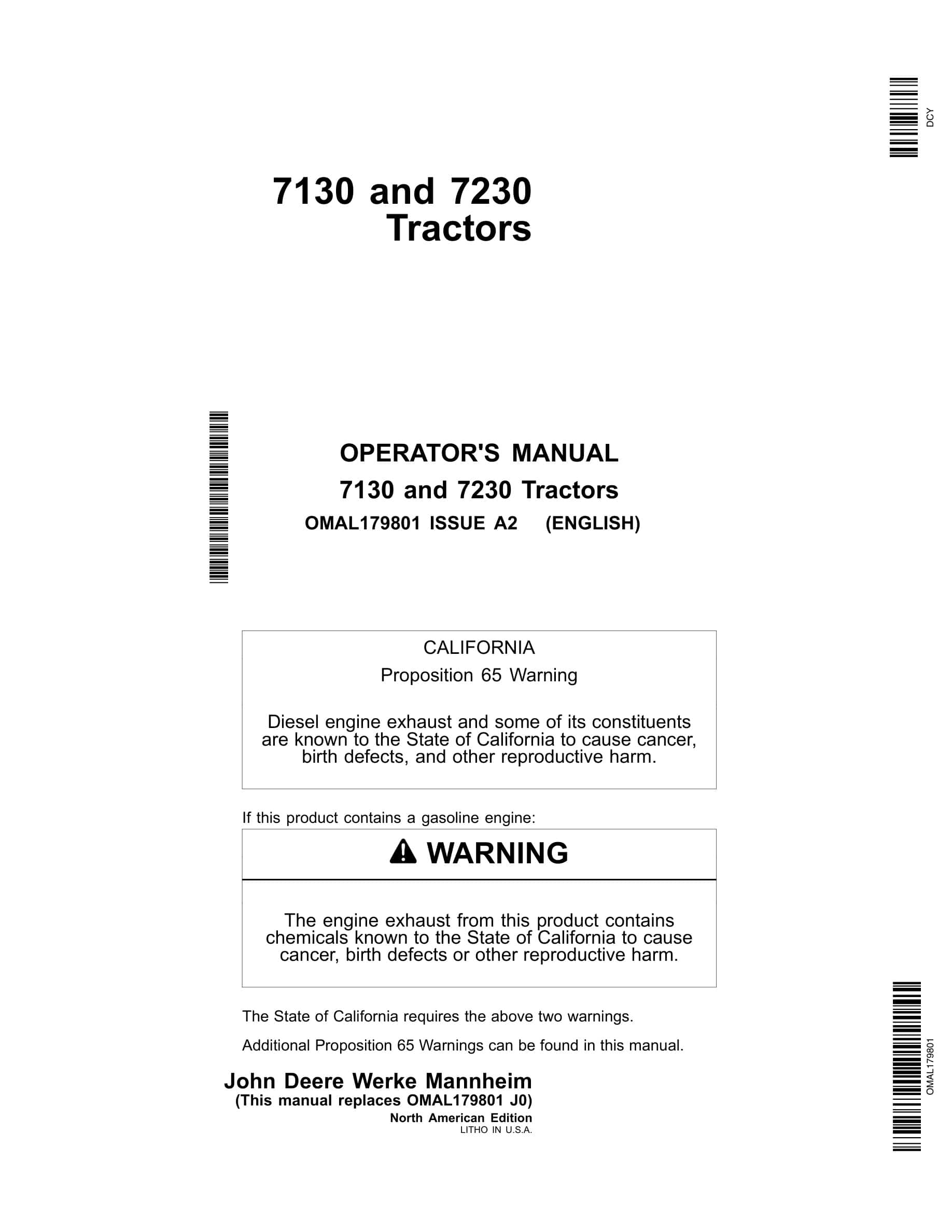 John Deere 7130 and 7230 T Tractor Operator Manual OMAL179801-1