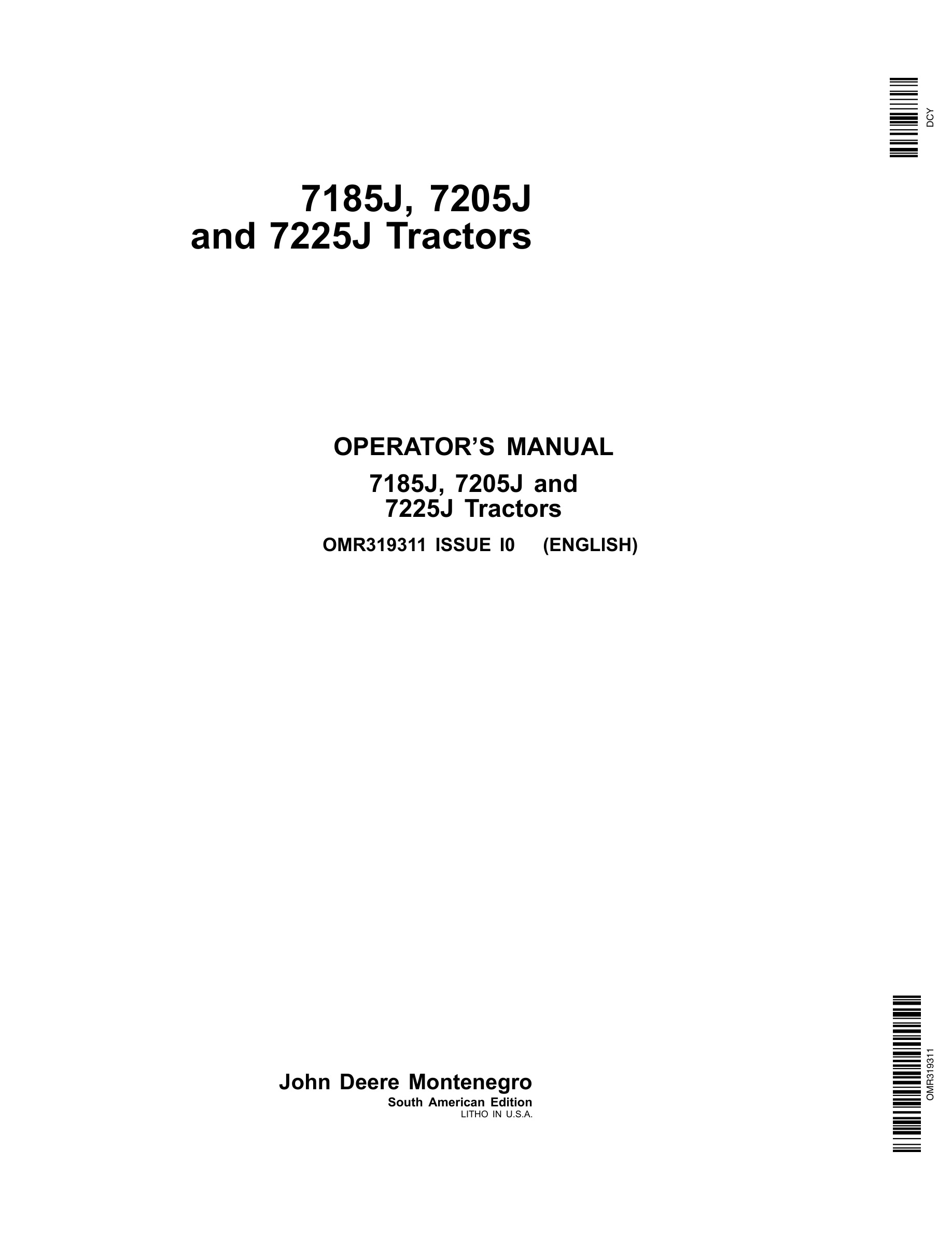John Deere 7185j, 7205j And 7225j Tractors Operator Manuals OMR319311-1