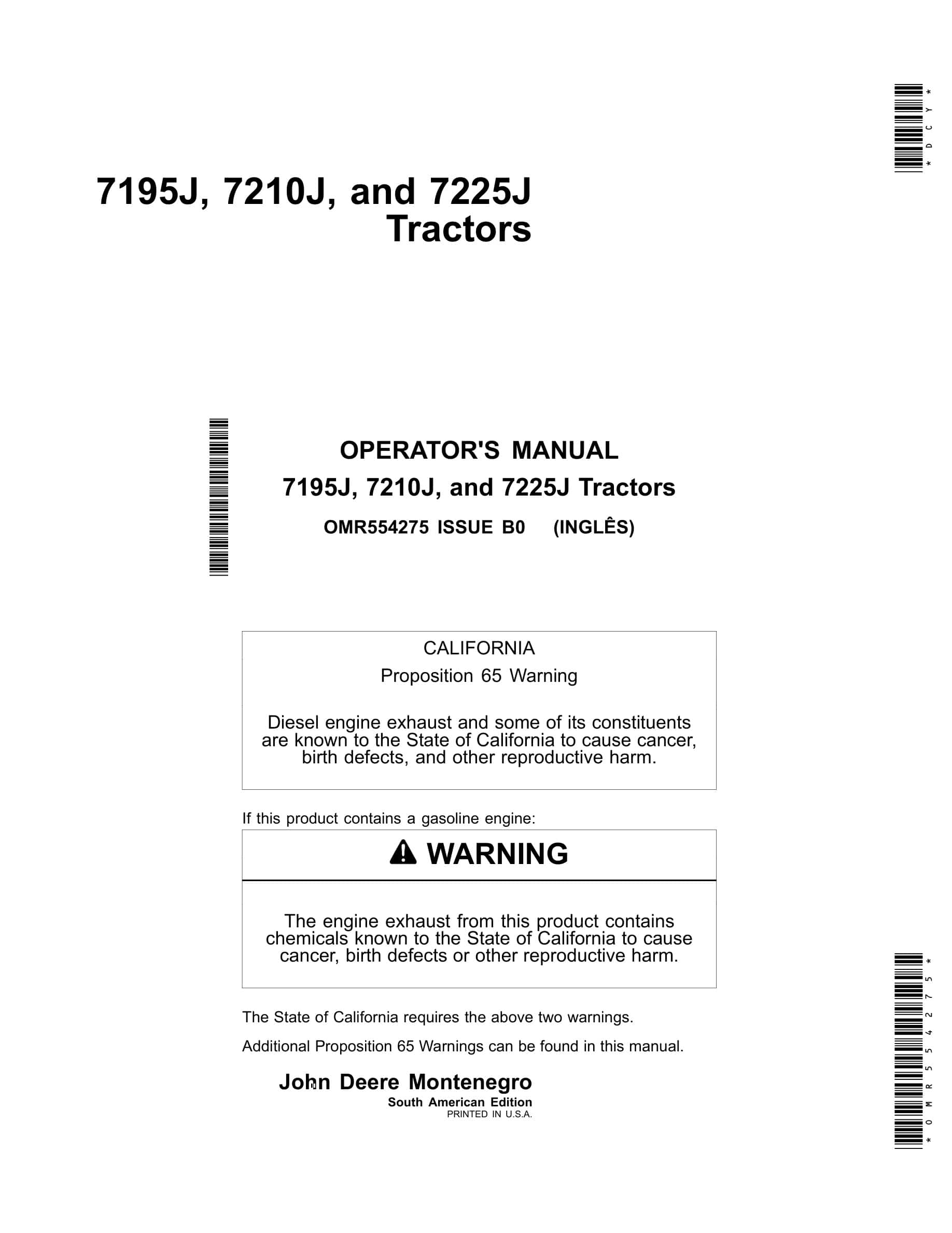 John Deere 7195j, 7210j, And 7225j Tractors Operator Manuals OMR554275-1