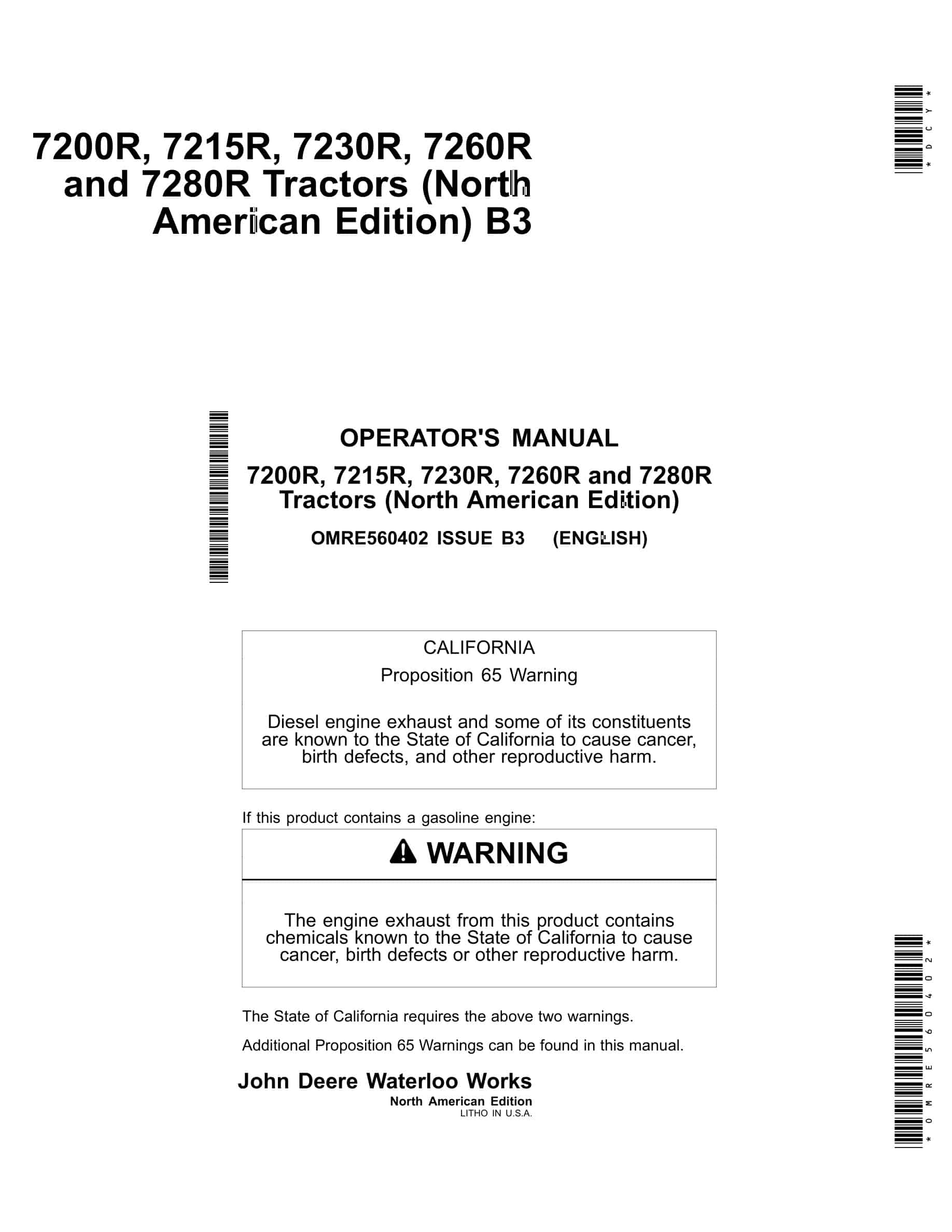 John Deere 7200R, 7215R, 7230R, 7260R and 7280R Tractor Operator Manual OMRE560402-1