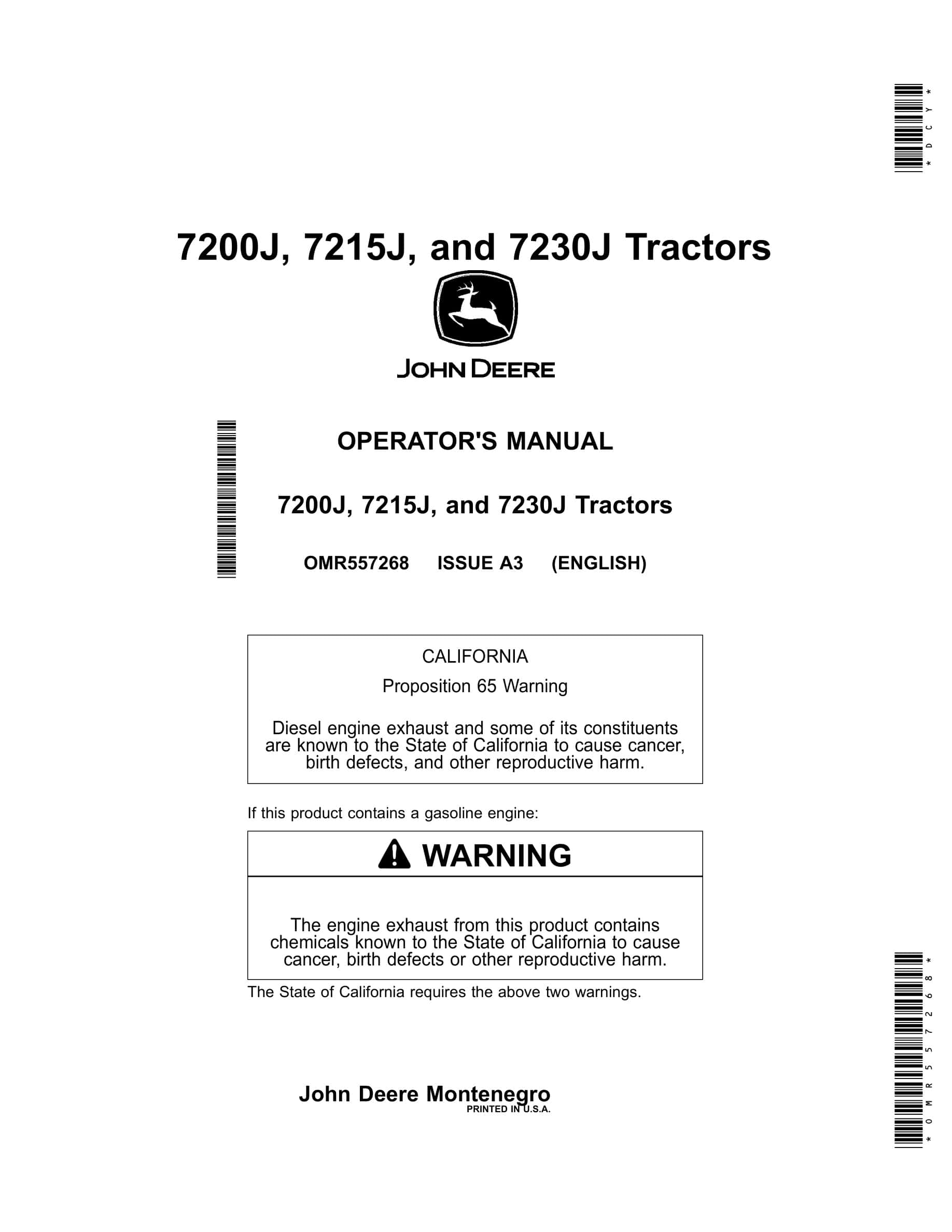 John Deere 7200j, 7215j, And 7230j Tractors Operator Manuals OMR557268-1