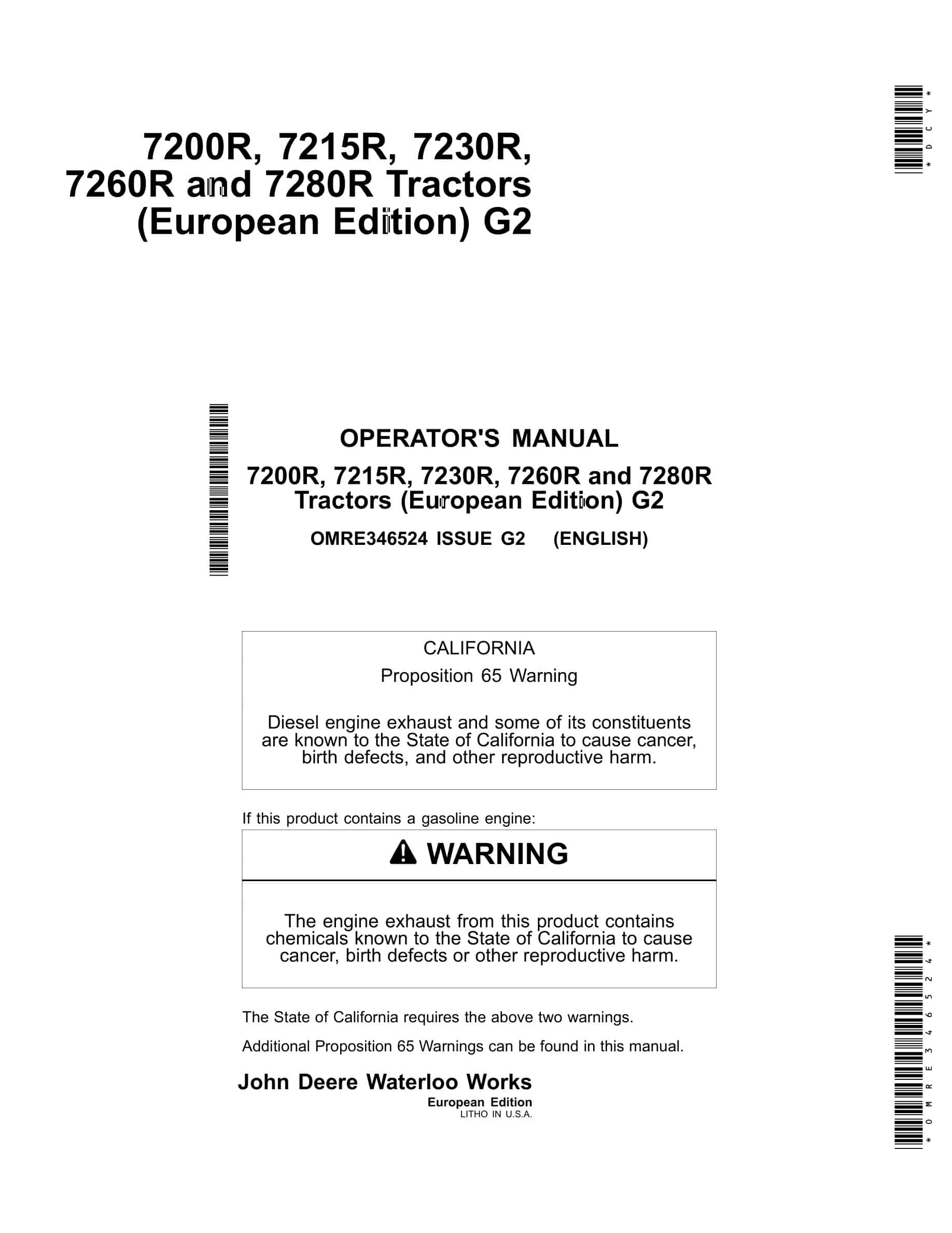 John Deere 7200r, 7215r, 7230r, 7260r And 7280r Tractors Operator Manuals OMRE346524-1