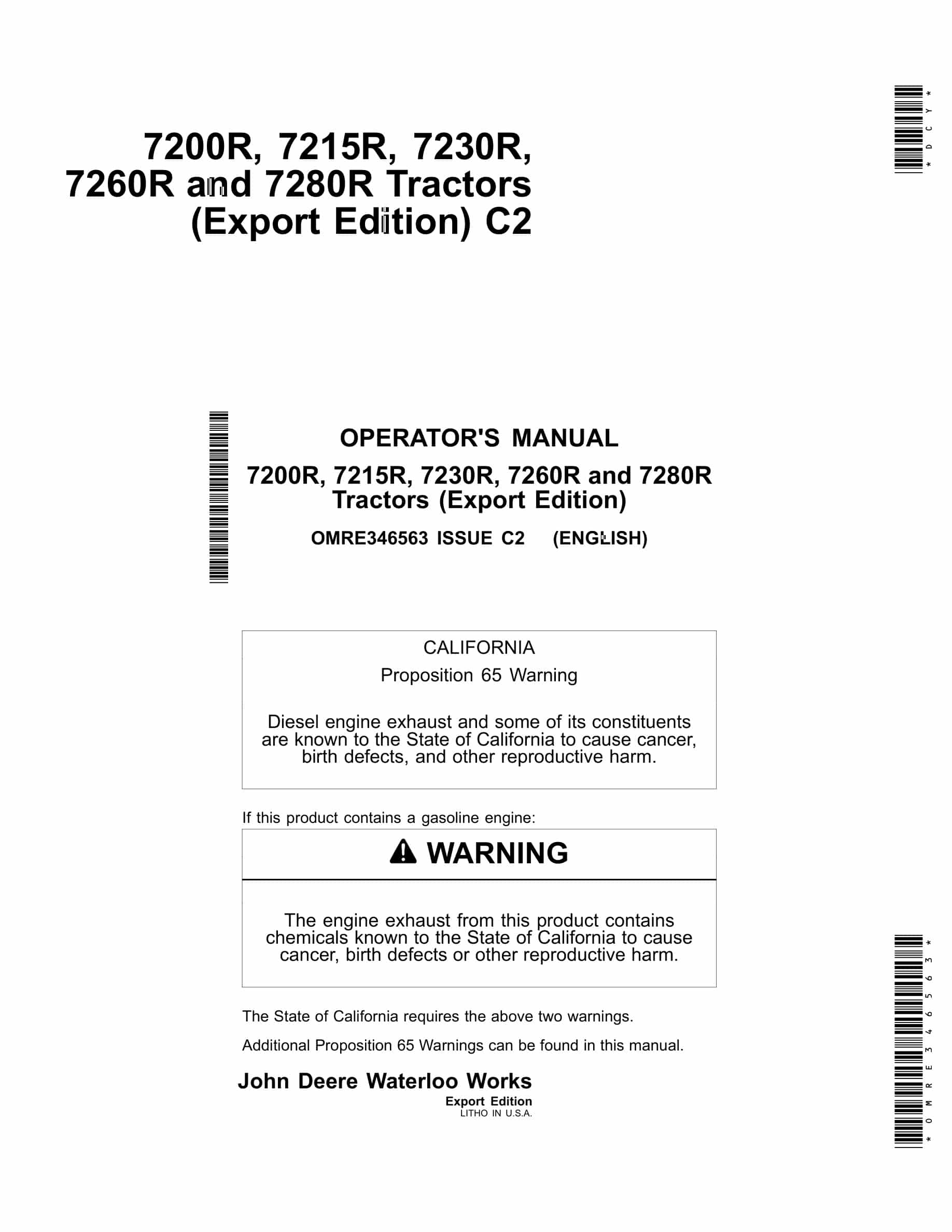 John Deere 7200r, 7215r, 7230r, 7260r And 7280r Tractors Operator Manuals OMRE346563-1