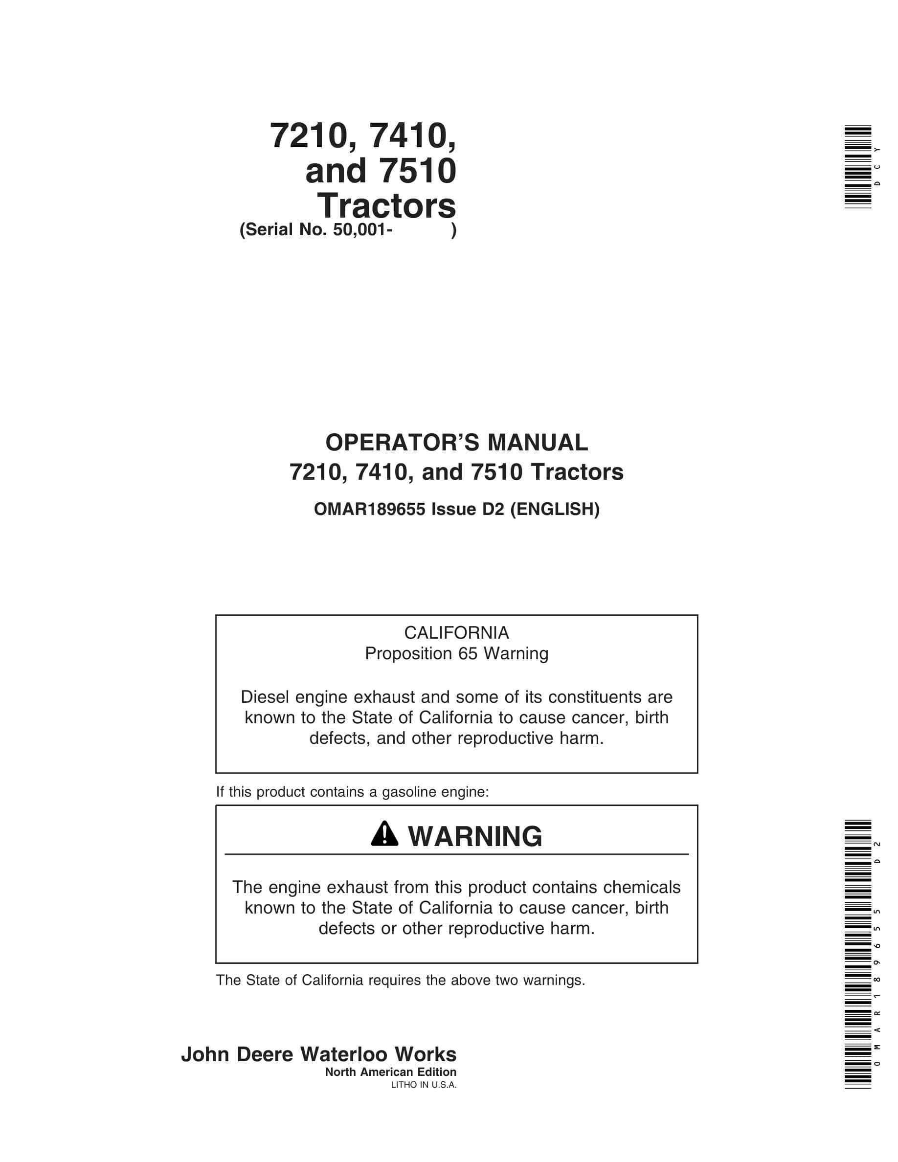 John Deere 7210, 7410, and 7510 Tractor Operator Manual OMAR189655-1