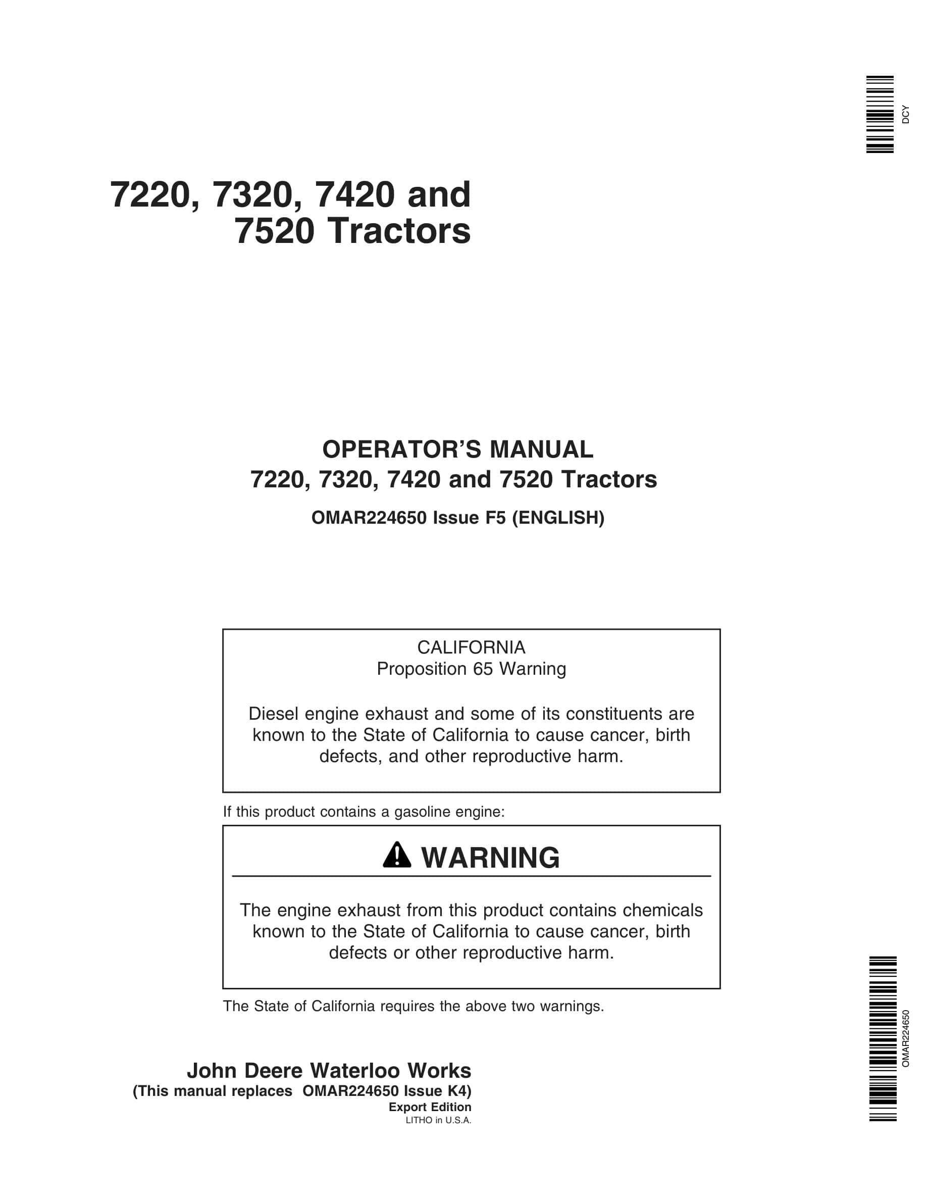 John Deere 7220, 7320, 7420 And 7520 Tractors Operator Manuals OMAR224650-1