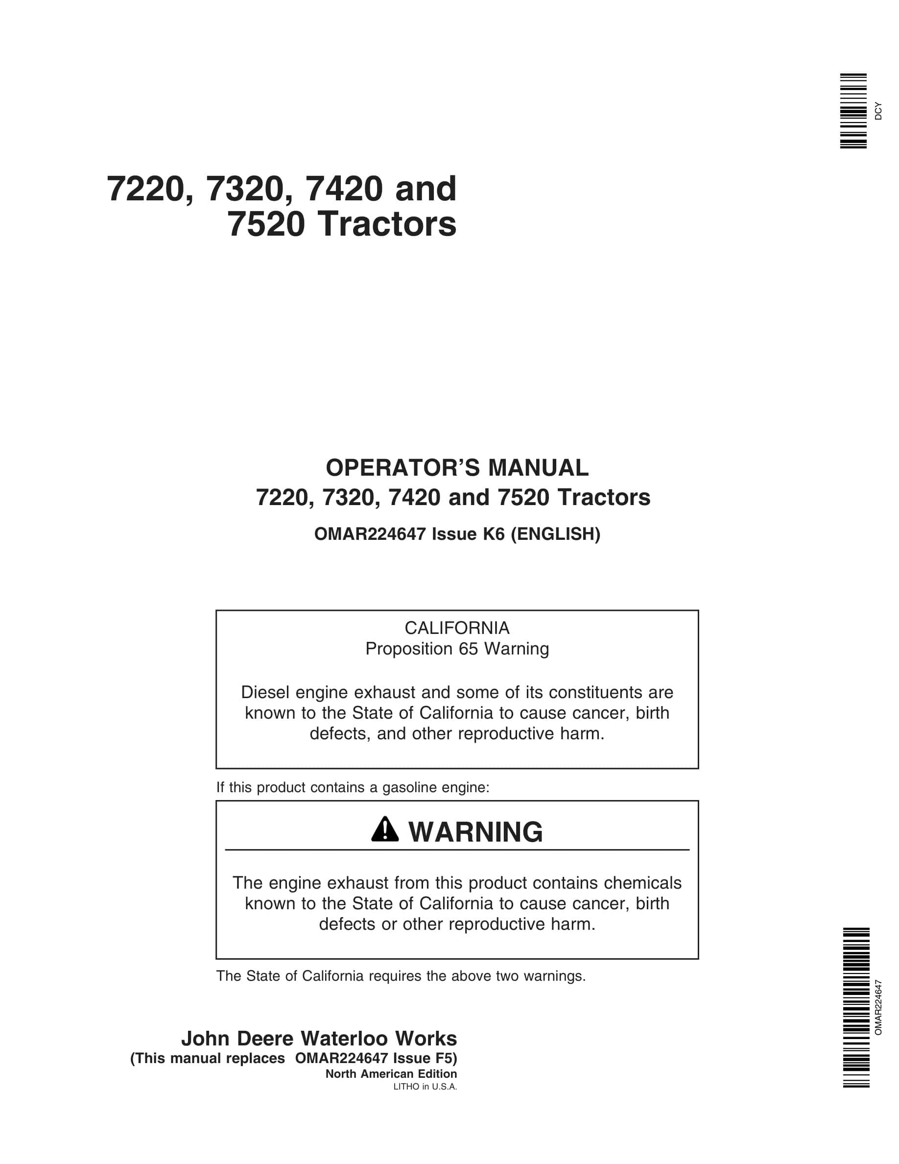 John Deere 7220, 7320, 7420 and 7520 Tractor Operator Manual OMAR224647-1
