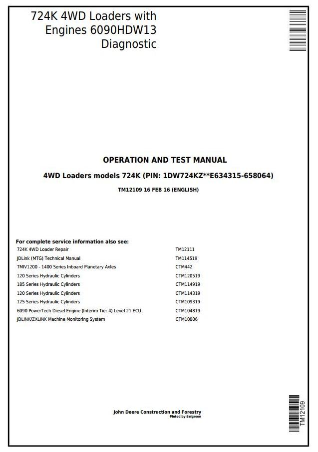 John Deere 724K 4WD Loader Diagnostic Operation Test Manual TM12109