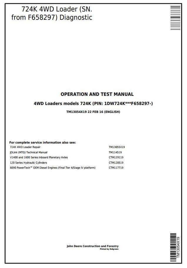 John Deere 724K 4WD Loader Diagnostic Operation Test Manual TM13054X19