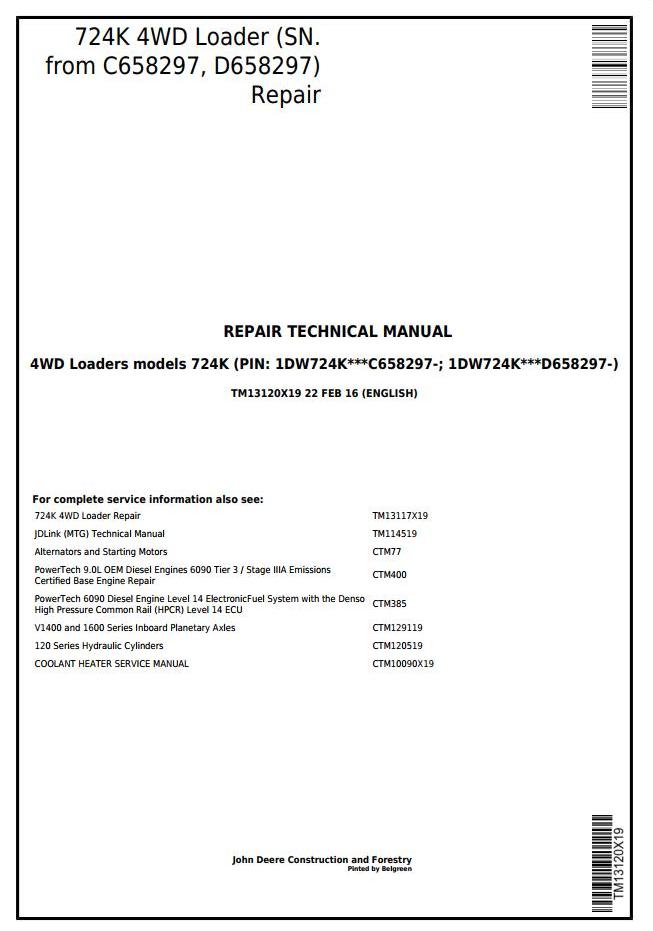 John Deere 724K 4WD Loader Repair Technical Manual TM13120X19