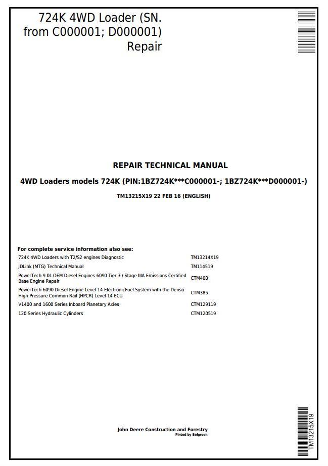 John Deere 724K 4WD Loader Repair Technical Manual TM13215X19