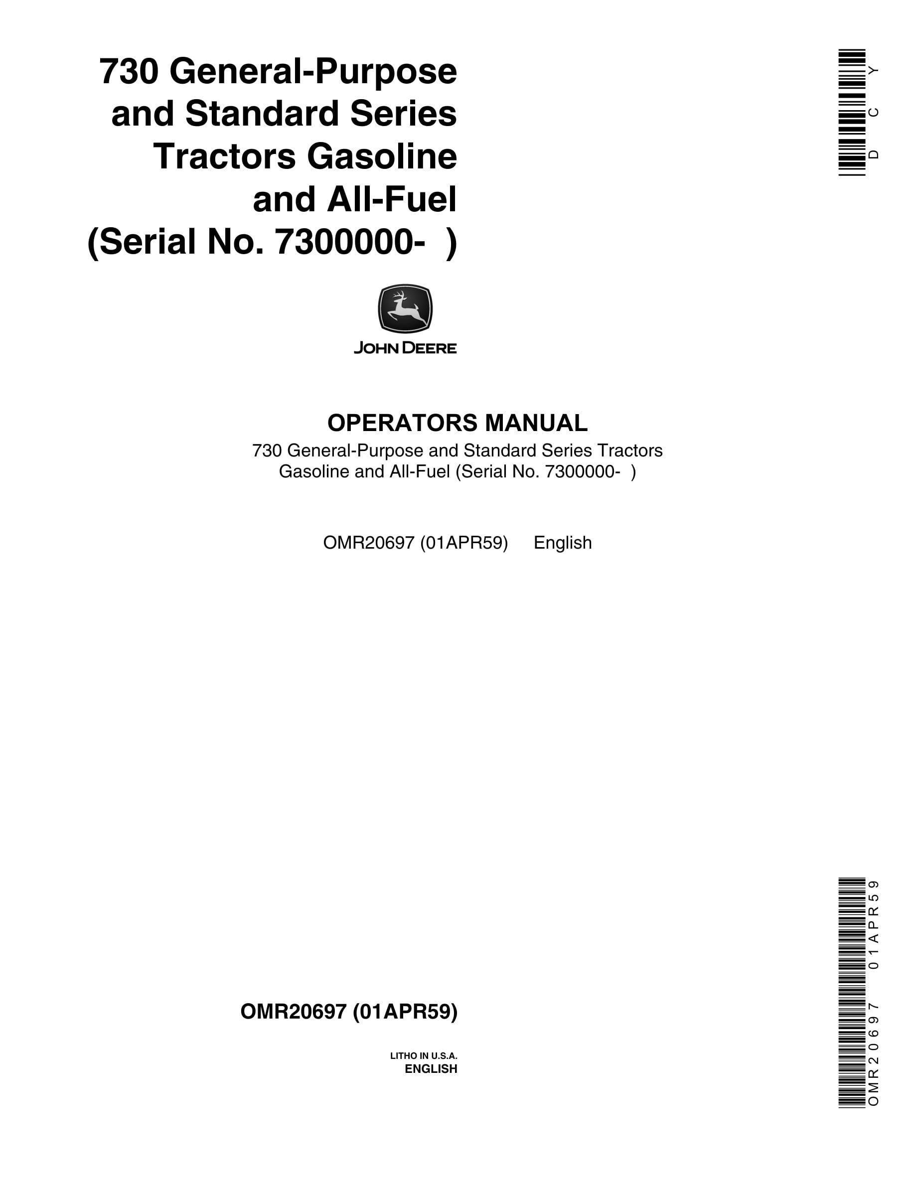 John Deere 730 Tractor Operator Manual OMR20697-1